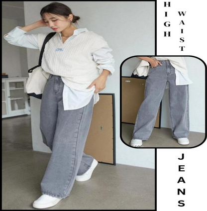 Grey High-Waisted Baggy Denim Jeans Luubeezer