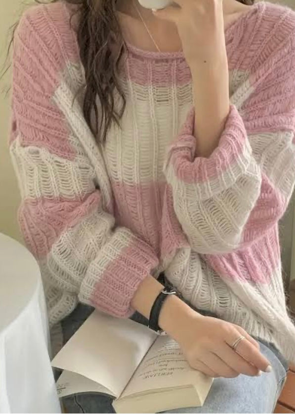 Relaxed Striped Knit Top-Pink Luubeezer