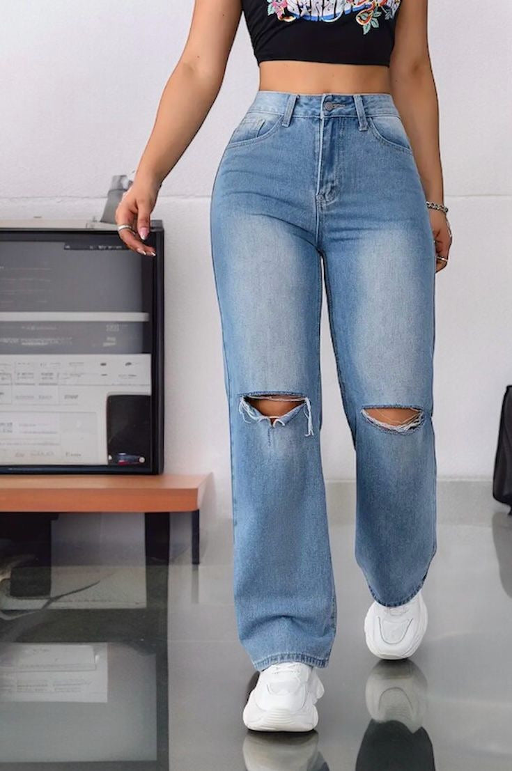 Women Blue Wide Leg High-Rise Slash Knee Jeans Luubeezer