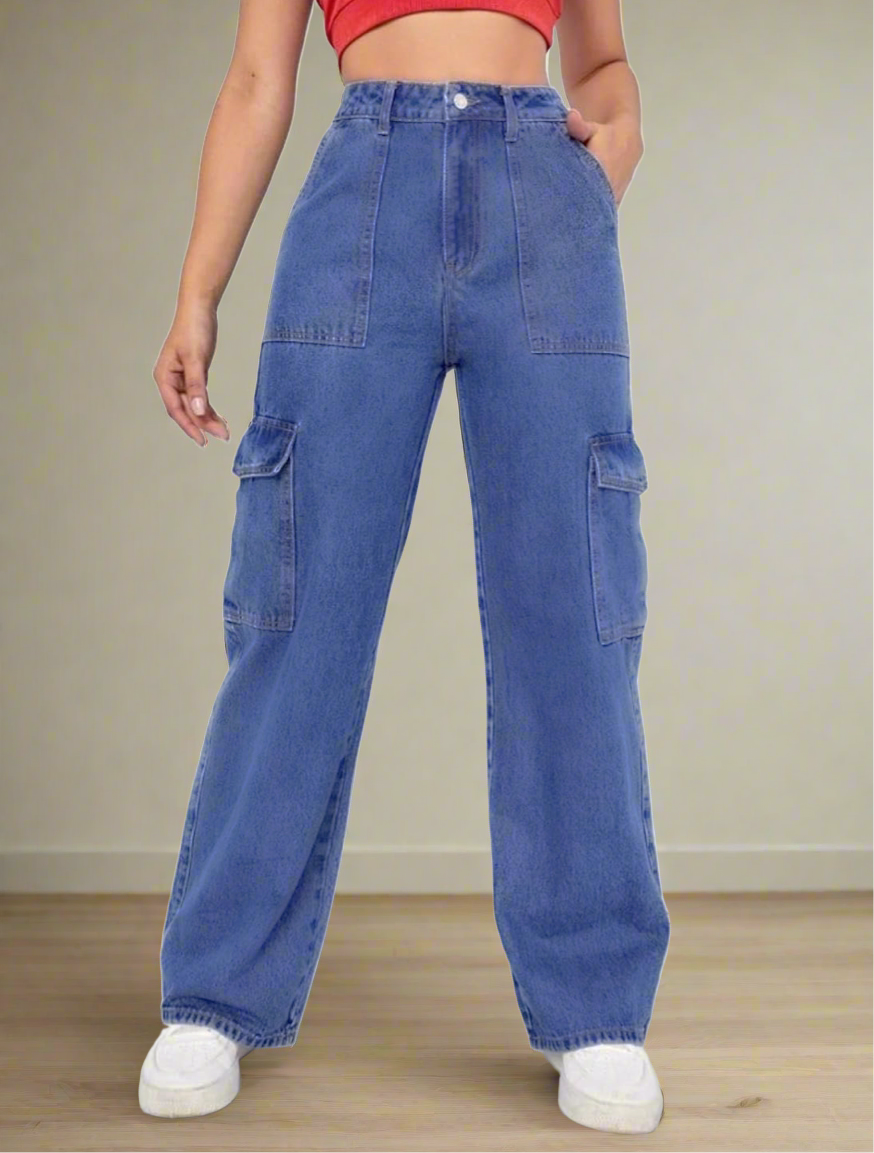 Women Blue cargos Jeans Wide Leg High-Rise Slash Knee Jeans Luubeezer