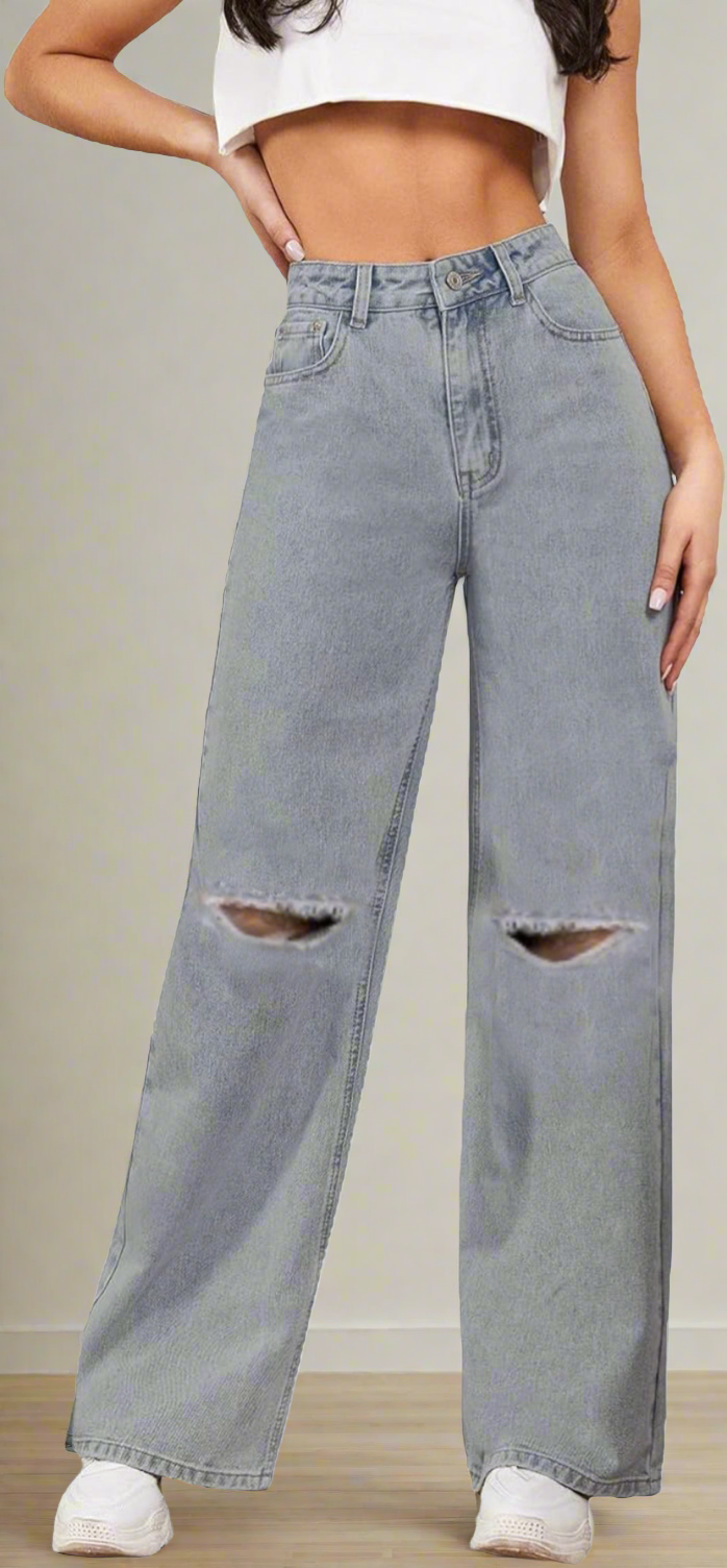 Grey Damage High-Waisted Baggy Denim Jean(Damage Denim Jean) Luubeezer