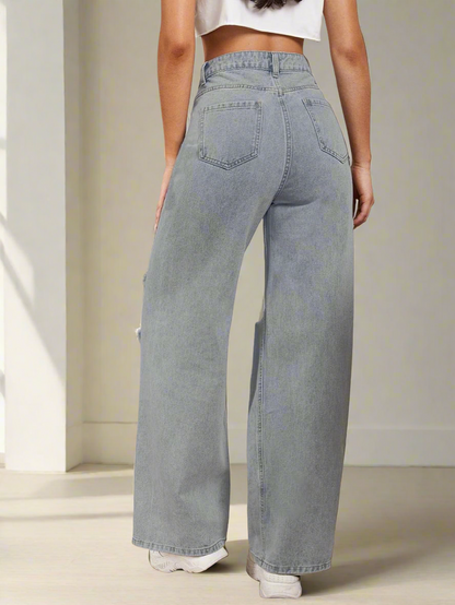 Grey Damage High-Waisted Baggy Denim Jean(Damage Denim Jean) Luubeezer