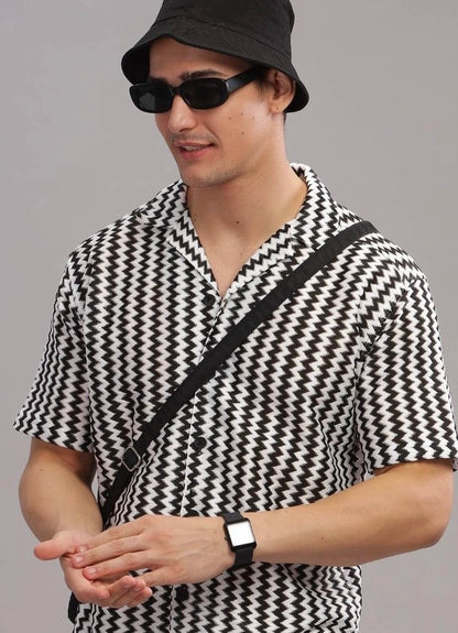 Men's Monochrome Zigzag Print Short Sleeve Shirt Luubeezer