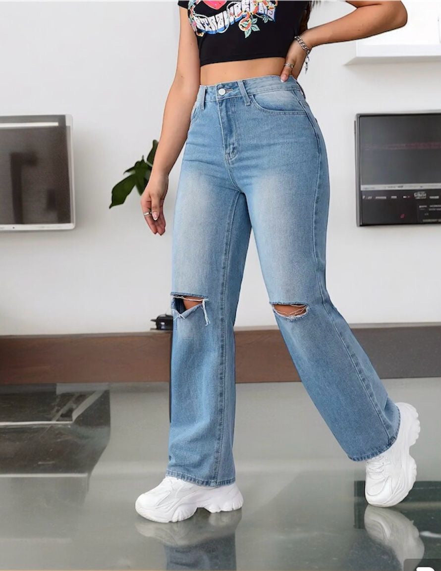 Women Blue Wide Leg High-Rise Slash Knee Jeans Luubeezer