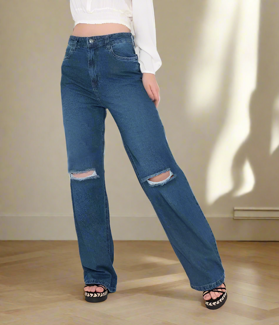 Women Blue Dark Shade   Jeans Wide Leg High-Rise Slash Knee Jeans Luubeezer