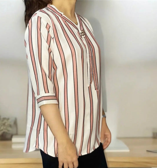 Striped Tie-Neck Blouse Luubeezer