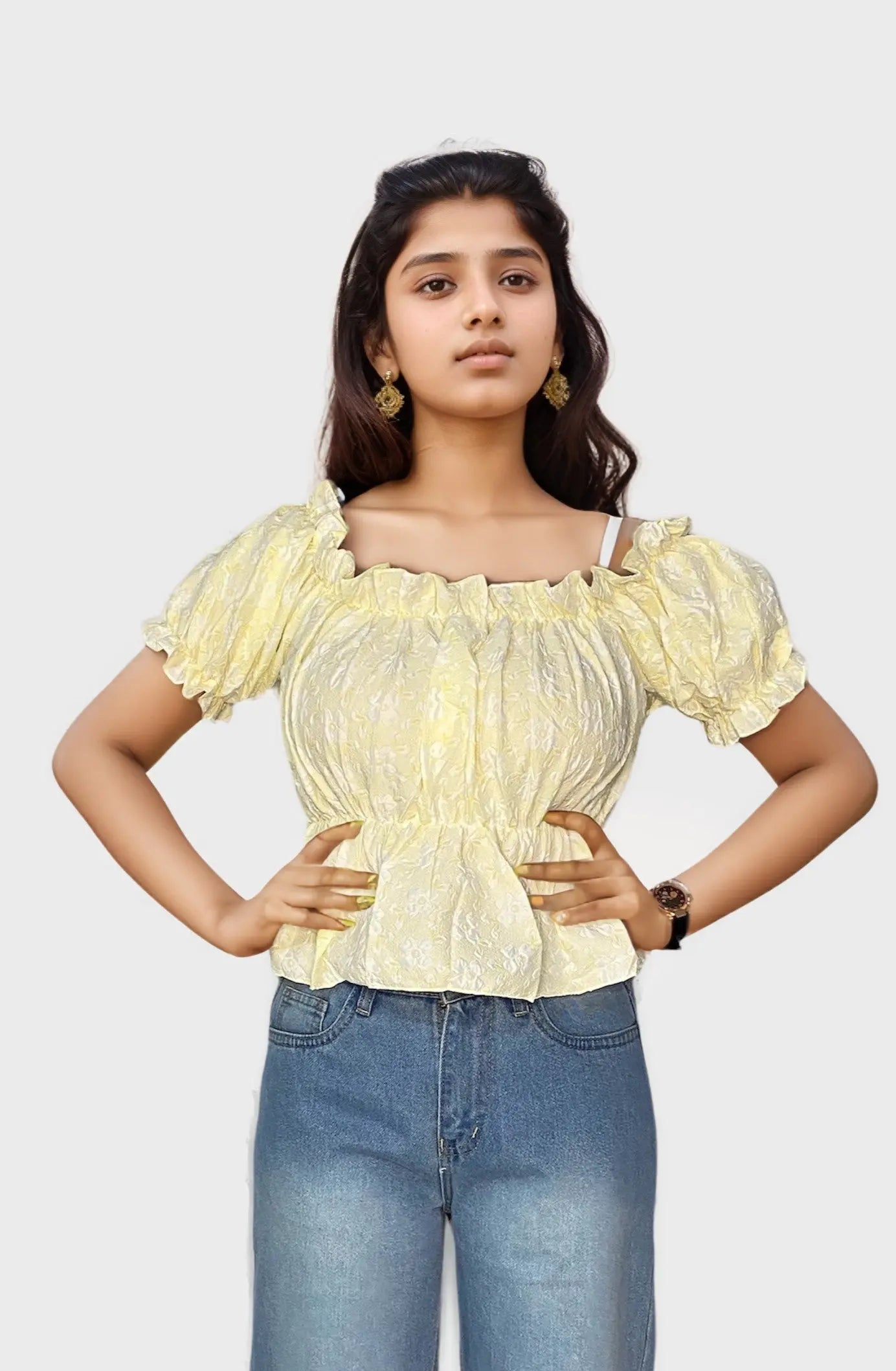 Women's Off Shoulder Ruffle Trim Ruched Short Sleeve Top strachable Luubeezer