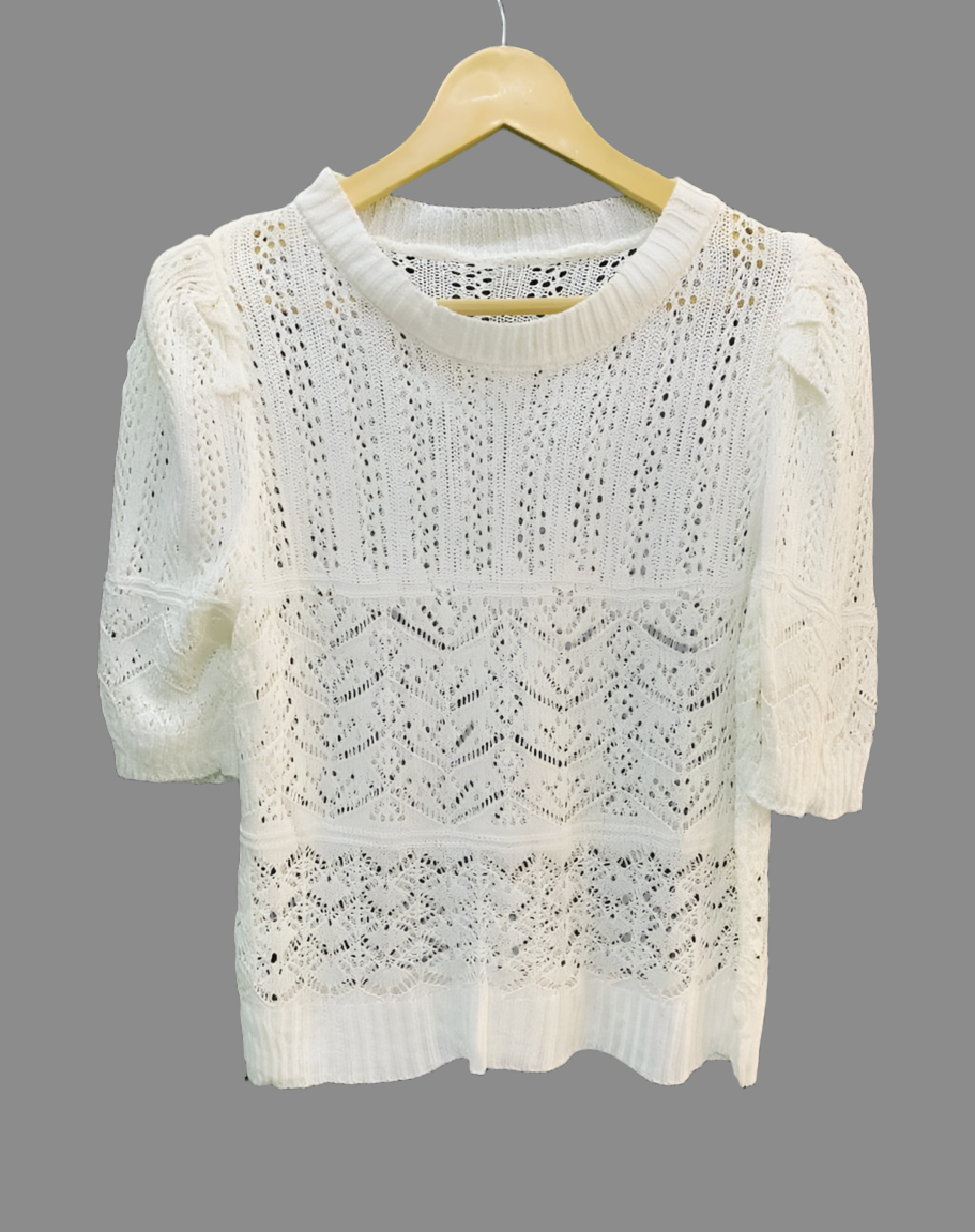 White Knit Crew-Neck Pullover Top Luubeezer