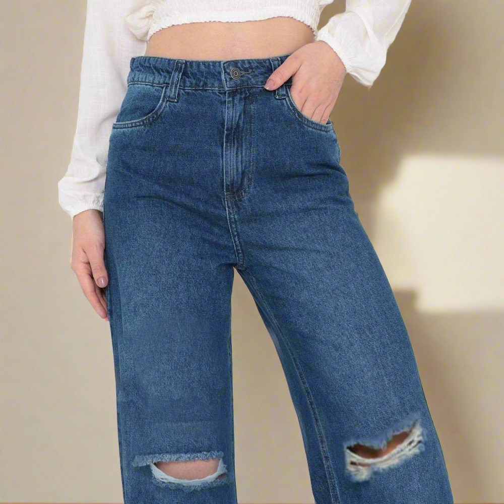 Women Blue Dark Shade   Jeans Wide Leg High-Rise Slash Knee Jeans Luubeezer