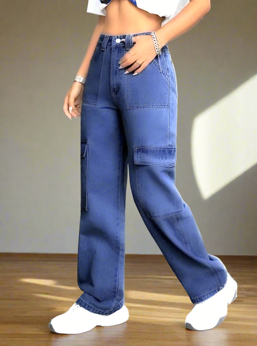 Women Blue cargos Jeans Wide Leg High-Rise Slash Knee Jeans Luubeezer