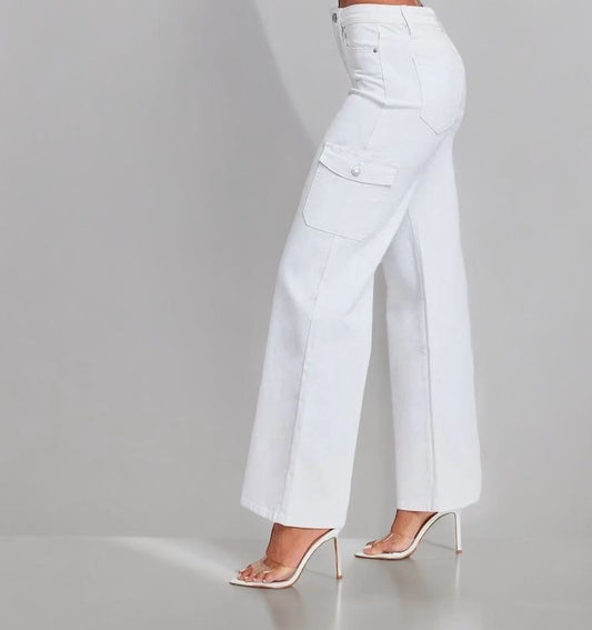 Women's White Cargo Pants with Flared Legs Luubeezer