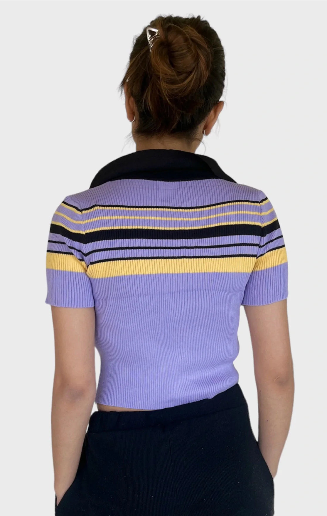 women's polo collar contrast color striped knitted short sleeve T-shirt.. Luubeezer