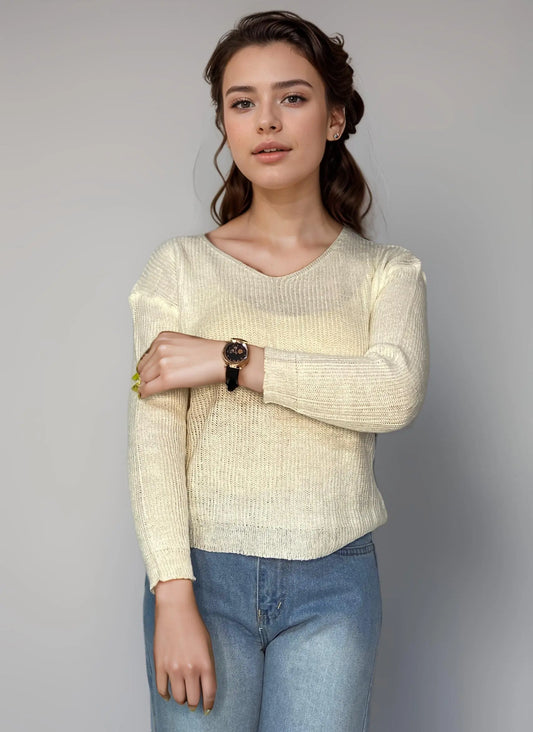 Women Cream-Coloured Knitted Top Luubeezer