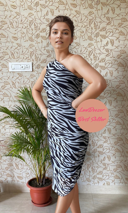 Zebra Print Light Grey And Black One Shoulder Slit Midi Dress stretchable Luubeezer