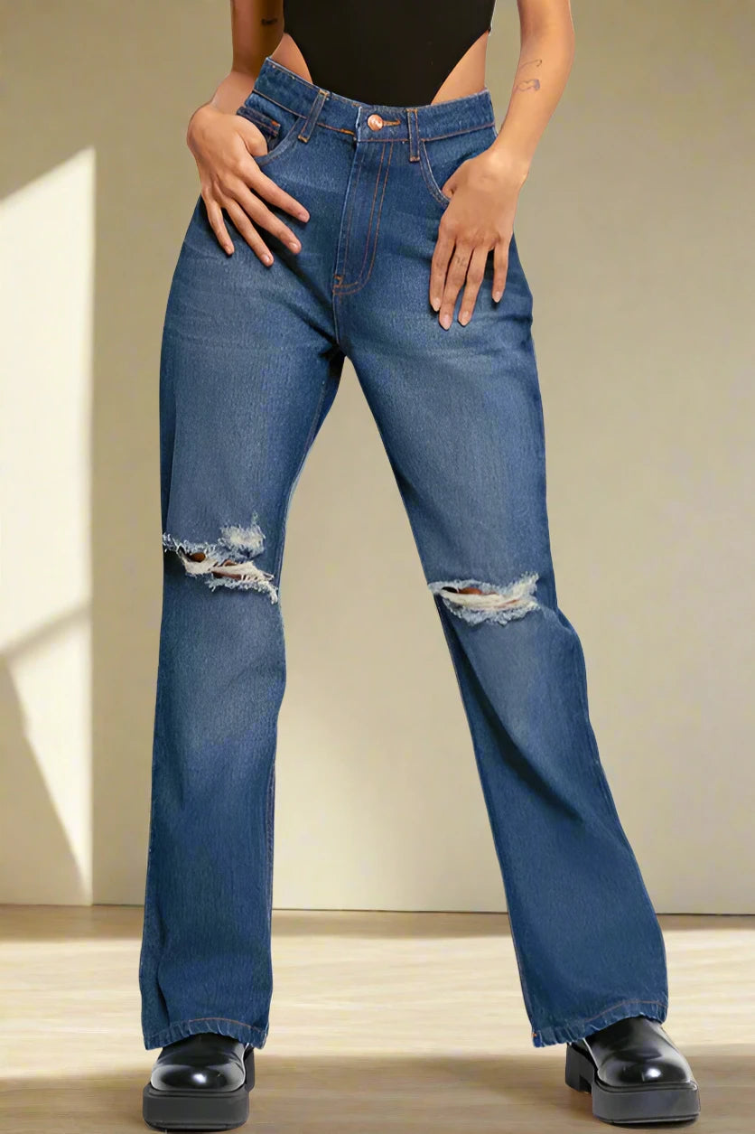 Women Blue Dark Shade   Jeans Wide Leg High-Rise Slash Knee Jeans Luubeezer