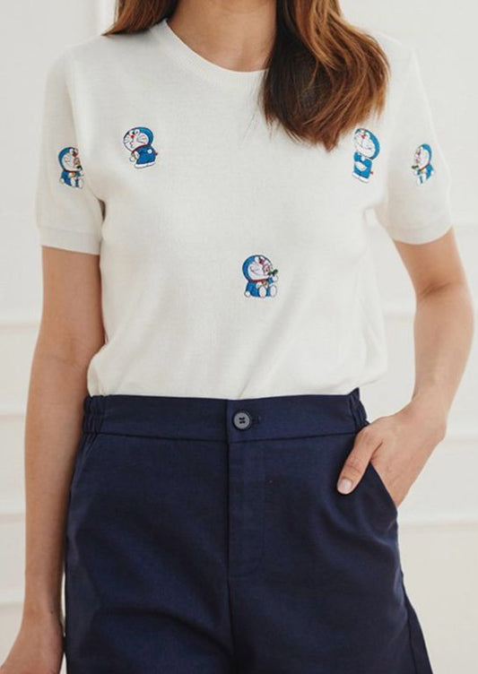 Stretchable  Doraemon Embroidered Short Sleeve Sweater Luubeezer