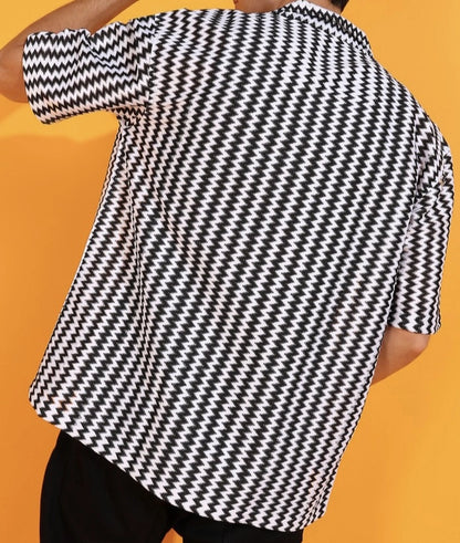 Men's Monochrome Zigzag Print Short Sleeve Shirt Luubeezer